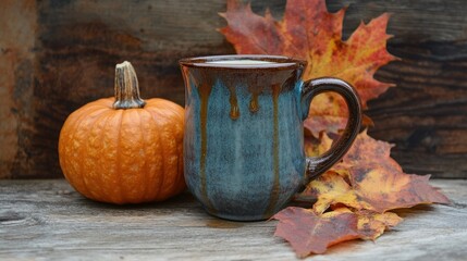 A rich and creamy pumpkin spice latte in a rustic mug, drizzled with flavored syrup, placed next to a small pumpkin and autumn leaves, celebrating the season's flavors.