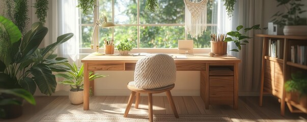A cozy, sunlit workspace featuring a wooden desk, a comfortable chair, and lush plants, creating a serene, inviting atmosphere.