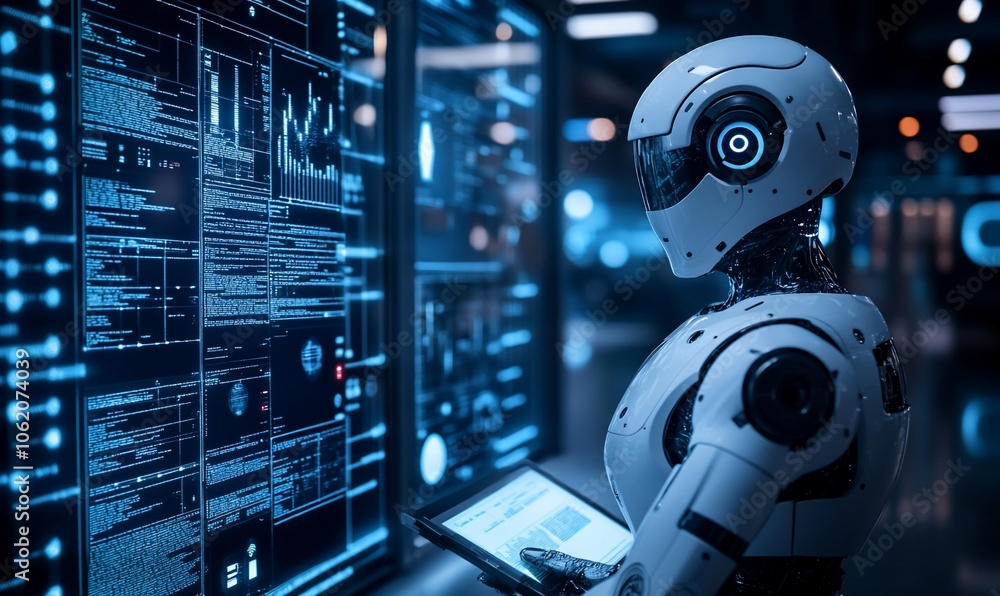 Aufkleber A humanoid robot stands in front of a large screen filled with data, looking at a tablet.