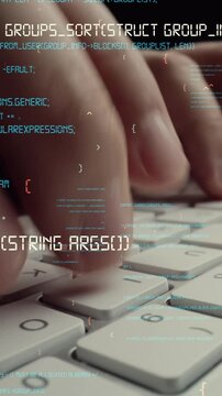 Creative visual of computer programming coding and software development shown by man working on computer keyboard with overlay of computer graphic displaying abstract program codes and computer script
