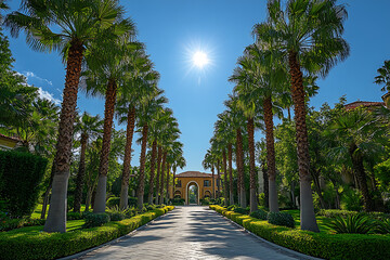 Obraz premium Tall palm trees lining a road in classic Beverly Hills style, with vibrant green leaves against a blue sky, capturing the essence of a luxurious California neighborhood. 