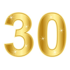 Shiny gold numbers 30 on transparent background