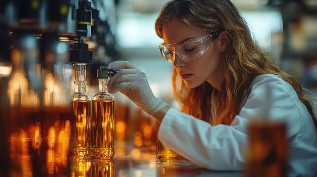 A female worker in a lab coat and safety glasses inspects bottles of amber liquid on a production line. - Powered by Adobe
