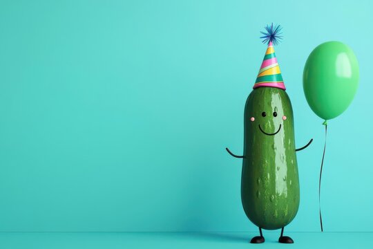 3D rendering of a cartoon pickle character wearing a party hat and holding a balloon, Cartoon pickle with party hat, Playful and fun