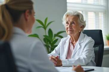 Obraz premium An elderly woman is comfortably sitting at a table talking with a doctor