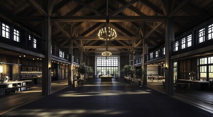 Obraz premium Spacious barn interior featuring wooden beams and flooring, adorned with a central chandelier and abundant natural light from surrounding windows. 
