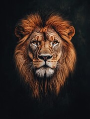 Fototapeta premium Close-up of a regal lion's face with mane on black background, ideal for logo, emblem or wall art.