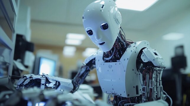 A humanoid robot with white plastic skin and visible wires and gears is working on a computer.