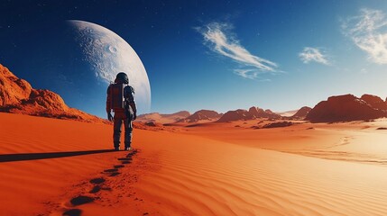 Obraz premium Astronaut standing on a red planet with a large moon in the sky.