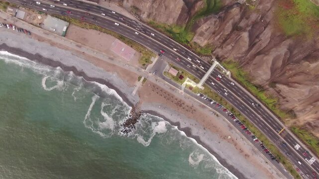 megacity lima: aerial drone images of larcomar and foggy coast line and skyline