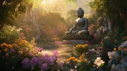 A serene image of a Buddha statue surrounded by blooming flowers and lush greenery, creating a peaceful atmosphere that embodies tranquility and spiritual harmony.