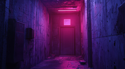 Gritty urban hallway illuminated with neon pink and blue lights, evoking a moody, futuristic atmosphere