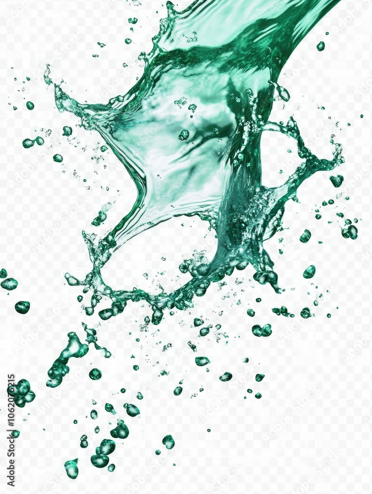 Poster an artistic depiction of green water splashing and creating a dynamic, lively image.