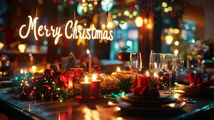 A beautifully set Christmas dinner table with candles, greenery, and "Merry Christmas" decor, evoking warmth and holiday cheer.
