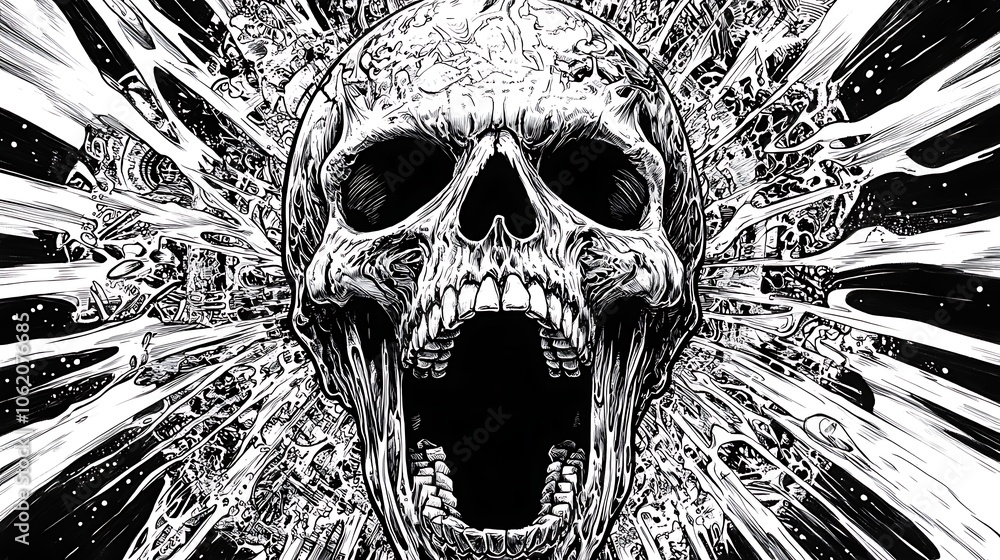 Aufkleber kaleidoscopic skull with screaming expression and patterns