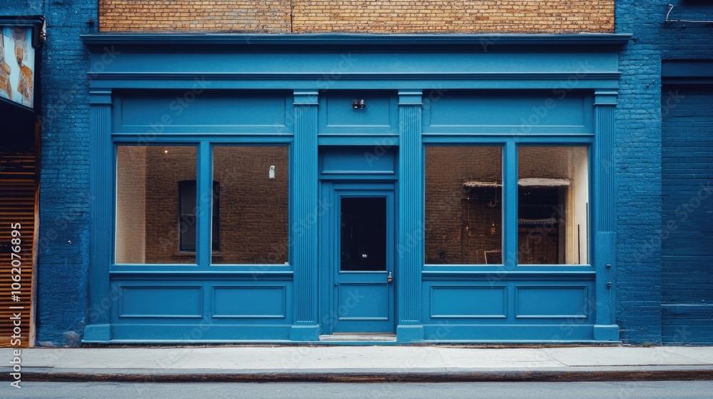 Poster blue storefront with a door and windows. the windows are clear and the door is open. the storefront 