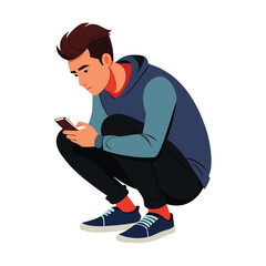 portrait of a guy who is squatting with a phone