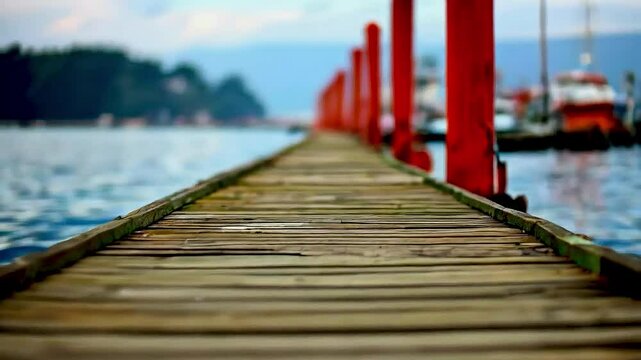 dock  extends into the water, with  boats  docked on either side