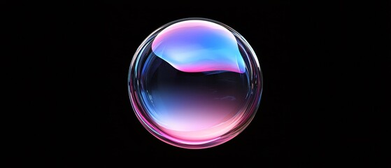 A colorful soap bubble floating against a black background, showcasing vibrant hues of blue and pink with a shiny, reflective surface.