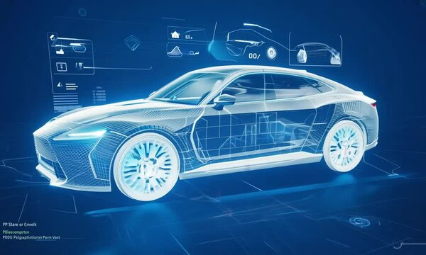 Futuristic Concept Car Design with Blue Wireframe and Digital Interface Elements