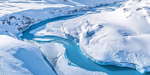 A stunning aerial view of a winding river through a snowy landscape, showcasing the contrast of blue water against white ice and snow.