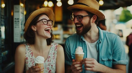Laughing couple enjoying ice cream cones together, capturing a fun and carefree moment.