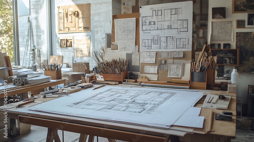 Poster a large architectural drawing lies on a drafting table in a well-lit studio, surrounded by tools and