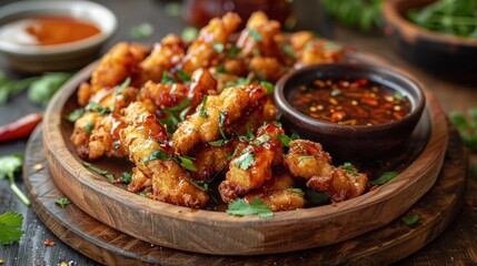 Closeup of a Rustic Wooden Platter Filled with Crispy Fried Chicken Appetizer Pieces Served with an Assortment of Savory Dipping Sauces and Fresh Garnishes on a Wooden Table Background