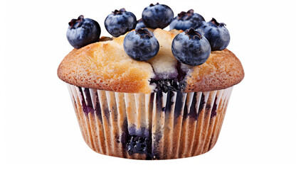 Fresh blueberry muffin with berries on top sitting against a white background