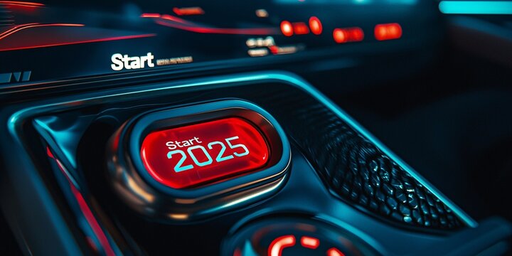 Futuristic car dashboard with a start button illuminated, digital display indicating 2025, showcasing advanced automotive technology.