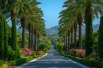 Obraz premium Tall palm trees lining a road in classic Beverly Hills style, with vibrant green leaves against a blue sky, capturing the essence of a luxurious California neighborhood. 