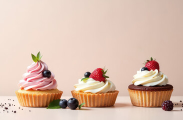 Delicious and beautiful desserts on a light background with space for text