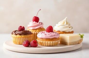 Delicious and beautiful desserts on a light background with space for text