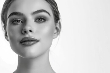 Fototapeta premium Beautiful young model showcasing a radiant complexion and elegant makeup. Her eyes and lips are accentuated, creating an alluring portrait against a neutral backdrop.