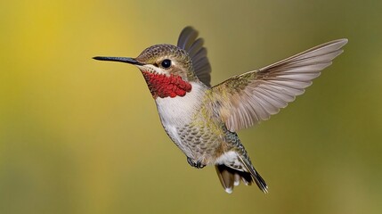 Fototapeta premium A hummingbird in flight with wings spread and a red throat, against a blurred yellow background.