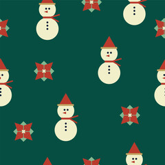 Christmas, winter holidays seamless pattern with snowmen and holies on the dark green background. Gift box packaging design. Vector illustration. 