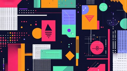 Fototapeta premium A stylish digital backdrop filled with geometric patterns and tech symbols, perfect for highlighting data, AI, and graphic design concepts.