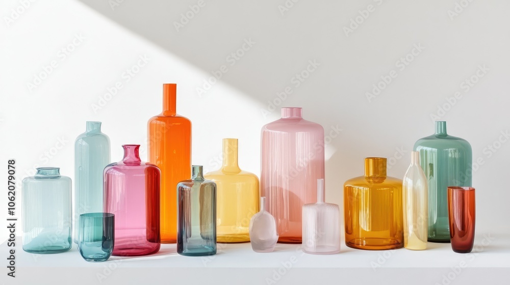 Poster a vibrant array of colored glass bottles and vases artfully arranged on a white background, showcasi