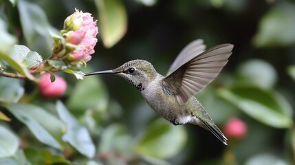 Naklejka premium A hummingbird hovers in mid-air, its long beak extended to sip nectar from a pink flower.