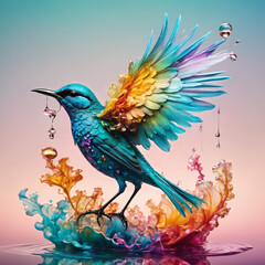 Obraz premium A colourful bird covered in colourful paint splash fluid, vibrant paint particles, water drops, alcohol ink smoke, happy pet concept