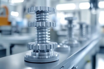 Metal gears and components on an assembly line in a manufacturing facility during daylight hours