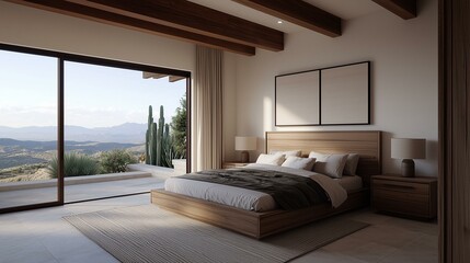 Modern bedroom design with a view of nature and stylish furnishings.