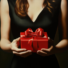 a lady in nice black dress  hands holding a small red gift box with  red  ribbon on the the black dress on her body  background