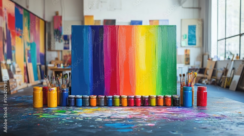 Poster a vibrant studio setup featuring a rainbow painted on a large canvas, with colorful paint jars and b