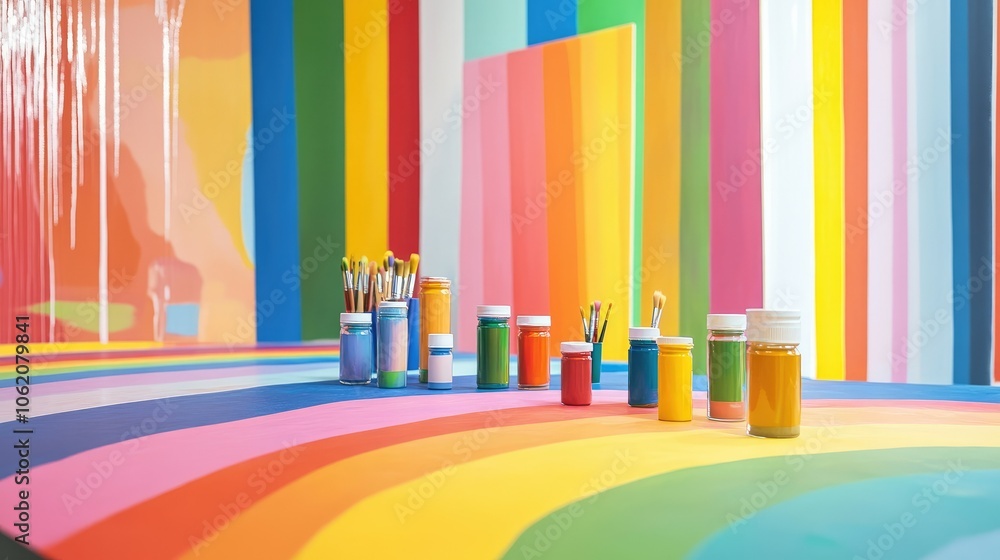 Poster a vibrant studio setup featuring a rainbow painted on a large canvas, with colorful paint jars and b