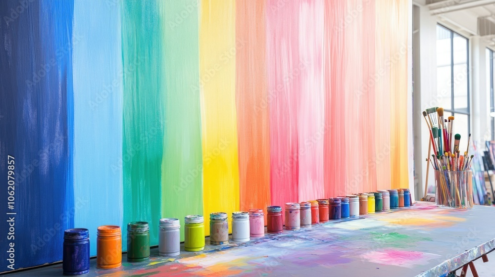 Poster a vibrant studio setup featuring a rainbow painted on a large canvas, with colorful paint jars and b