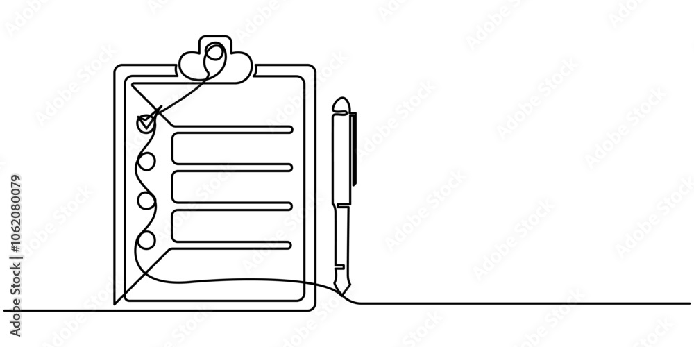 Poster checklist doodle icon. hand drawn symbol vector, clipboard with checklist and pen in one continuous 