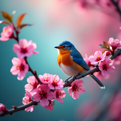 "Colorful Bird on Cherry Blossom Branch Spring Nature Photography"