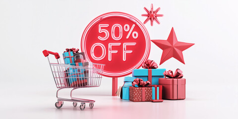 Carrello della spesa pieno di regali e cartello 50% OFF. Sconti del 50%. Black Friday. Saldi.