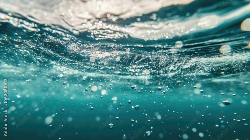 Poster An abstract image depicting bubbles floating gracefully in serene turquoise sea water, creating a tranquil and refreshing atmosphere.